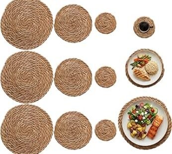 12 Pcs Round Straw Woven Table Placemats Set, 4″ Absorbent Drink Coasters, 7″ Heat Resistant Boho Farmhouse Trivets for Ho…